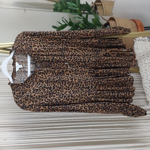 Time and Tru Peasant Top Leopard Print Long Sleeve Round Neck Tassels Size Large - Picture 2 of 12